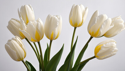 Fototapeta premium Close-up of white tulips with yellow centers against a white background.