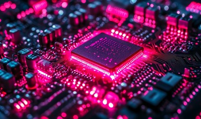 Close-up of Futuristic Circuit Board Glowing with Pink and Red LED Lights Depicting Advanced Technology and Innovation in a Night Setting for Business, Generative AI