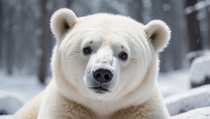 Close-up portrait of a majestic polar bear in a snowy forest.