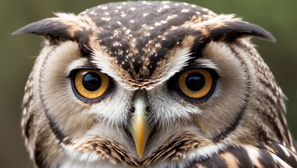 Fototapeta premium Close-up portrait of an owl with piercing yellow eyes and intricate brown and white feathers.