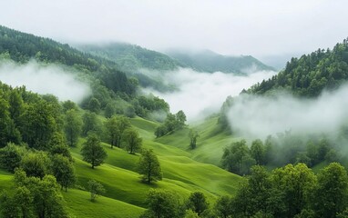 Lush green hills covered in mist create a serene landscape, evoking a sense of tranquility and the beauty of nature.