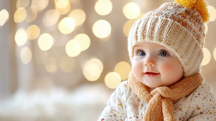 A charming baby with sparkling eyes bundles up in a cozy knit hat and scarf, enjoying the warmth of winter perfect for baby products, holiday themes, or family-focused projects.