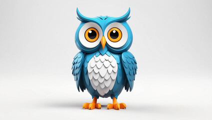 Obraz premium Cute blue owl cartoon with big eyes on a white background.