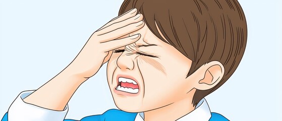 of a distressed young boy expressing pain or sadness, hands on forehead, blue background.