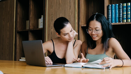 Two interracial students in a modern office or library discuss ideas for completing an assignment,...