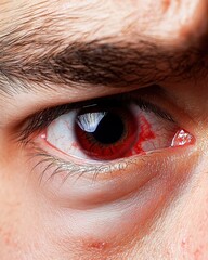 Fototapeta premium Close-up of an eye with red irritation, detail of eyelid and lashes, isolated against a white background.