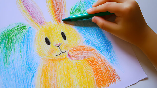 A cute, easy drawing of a rabbit for kids, with a round face, big floppy ears, and a tiny nose. The rabbit has simple oval eyes and a happy smile, sitting with small paws and a fluffy tail.