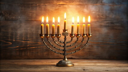 Fototapeta premium Lit Hanukkah menorah on wooden table against rustic background