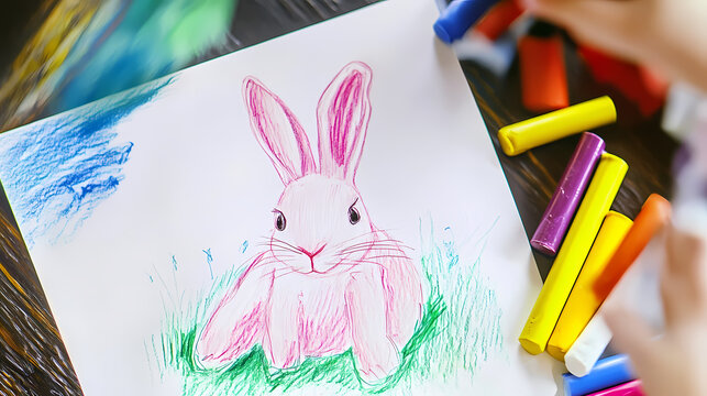 A cute, easy drawing of a rabbit for kids, with a round face, big floppy ears, and a tiny nose. The rabbit has simple oval eyes and a happy smile, sitting with small paws and a fluffy tail.