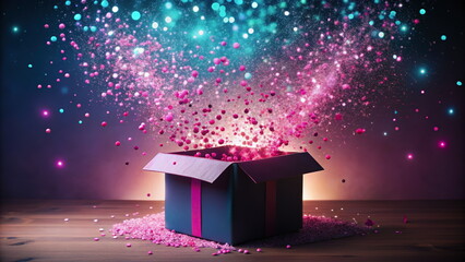 Magical gift box exploding with colorful particles