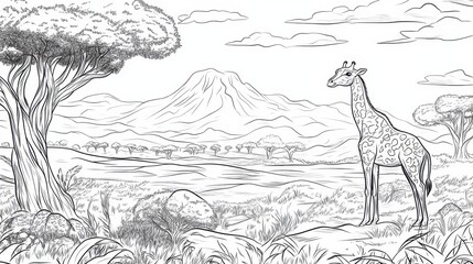 Naklejka premium A serene afternoon in the savannah featuring a graceful giraffe grazing under the expansive sky, coloring page