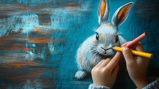 A cute, easy drawing of a rabbit for kids, with a round face, big floppy ears, and a tiny nose. The rabbit has simple oval eyes and a happy smile, sitting with small paws and a fluffy tail.