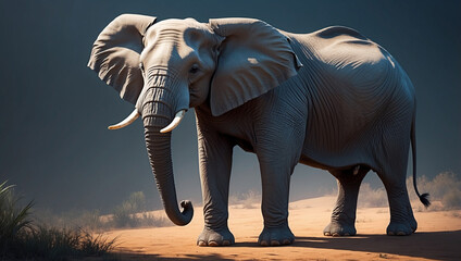 Fototapeta premium Majestic African Elephant standing in the savanna with a dramatic, sunlit backdrop.
