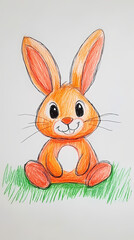 Fototapeta premium A cute, easy drawing of a rabbit for kids, with a round face, big floppy ears, and a tiny nose. The rabbit has simple oval eyes and a happy smile, sitting with small paws and a fluffy tail.