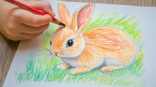 A cute, easy drawing of a rabbit for kids, with a round face, big floppy ears, and a tiny nose. The rabbit has simple oval eyes and a happy smile, sitting with small paws and a fluffy tail.