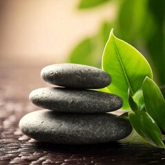 Fototapeta premium close up zen stones with leaves; spa time and dreaming concept