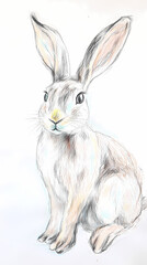 Obraz premium A cute, easy drawing of a rabbit for kids, with a round face, big floppy ears, and a tiny nose. The rabbit has simple oval eyes and a happy smile, sitting with small paws and a fluffy tail.