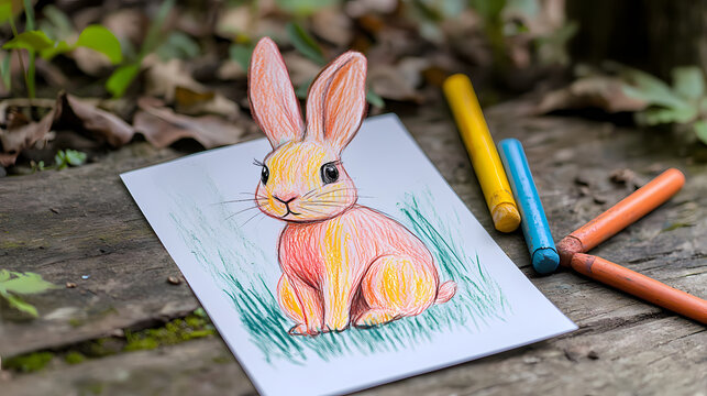 A cute, easy drawing of a rabbit for kids, with a round face, big floppy ears, and a tiny nose. The rabbit has simple oval eyes and a happy smile, sitting with small paws and a fluffy tail.