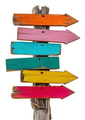 Colorful beach sign, wooden arrow signs pointing in various directions on transparent background cutout. PNG file. Mockup template for artwork design.