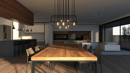 Contemporary Dining Room with Long Wooden Table and Pendant Lighting: A Concept of Modern Gathering Space