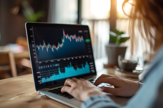 Businesswoman reviewing stock market trends at a modern workspace during the afternoon