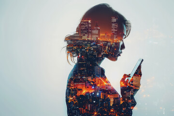 Double exposure of a businesswoman holding a smartphone with a cityscape in the background.