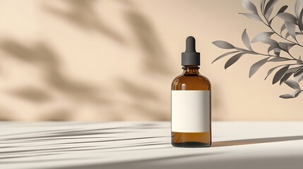 Naklejka premium Blank mockup template of a product label on a small amber bottle, illuminated with soft natural shadows.