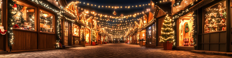 A festive outdoor market filled with Christmas lights and holiday treats, 