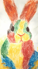 A cute, easy drawing of a rabbit for kids, with a round face, big floppy ears, and a tiny nose. The rabbit has simple oval eyes and a happy smile, sitting with small paws and a fluffy tail.