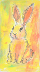 Obraz premium A cute, easy drawing of a rabbit for kids, with a round face, big floppy ears, and a tiny nose. The rabbit has simple oval eyes and a happy smile, sitting with small paws and a fluffy tail.