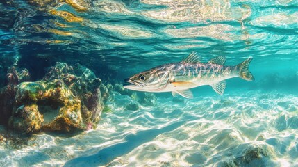 Obraz premium A snook fish glides gracefully in clear turquoise waters, its scales shimmering as sunlight dances across a nearby coral reef