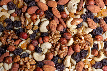 Mixed Nuts: Almonds, Walnuts, Cashews, Peanuts, Hazelnuts, Dried Prunes and Raisins. Different Nut Mix. Background from Various Nuts and Dried Fruits