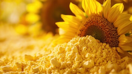 A vibrant heap of sunflower lecithin powder with a sunflower blossom gently blurred in the background