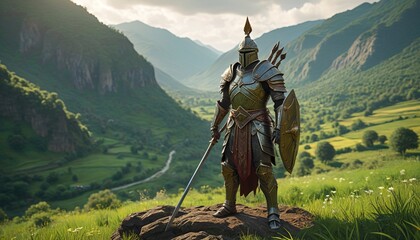 Naklejka premium A giant adorned in ancient armor, wielding a gigantic spear, standing proudly in a lush, green valley, ready to protect its homeland, Generative AI