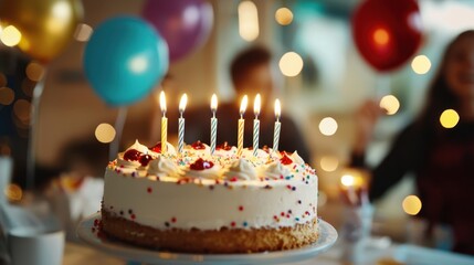 Birthday cake with lit candles on top. Festive beautifully decorated cake with colorful sprinkles and white frosting on blurred background with colorful balloons, people and warm, glowing lights