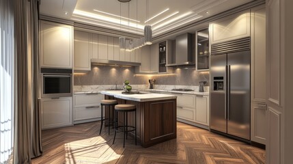 Contemporary kitchen design with walnut parquet floors, marble countertops, and modern appliances.