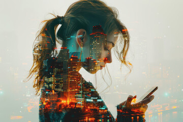 Double exposure of a businesswoman holding a smartphone with a cityscape in the background.