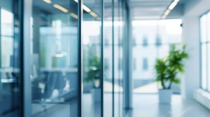 Blurred office interior background. Empty light open space office with big windows, many glasses walls, desks, chairs and green plants. Modern indoor business environment