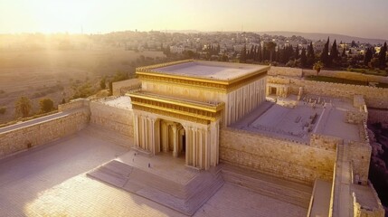 Obraz premium Ancient Jewish temple with gleaming golden facades nestled among Jerusalem hills, radiating history and spiritual aura