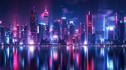 Fototapeta premium A futuristic cityscape with towering skyscrapers and neon lights reflecting on water, Sci-fi setting with advanced technology, Neon style