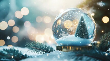 New year and Merry Christmas background. Snow globe standing on snow and snowing fir branches on magic bokeh lights backdrop. Xmas traditional season holiday greeting card, poster, banner