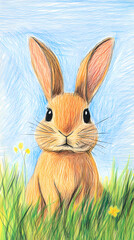 Obraz premium A cute, easy drawing of a rabbit for kids, with a round face, big floppy ears, and a tiny nose. The rabbit has simple oval eyes and a happy smile, sitting with small paws and a fluffy tail.