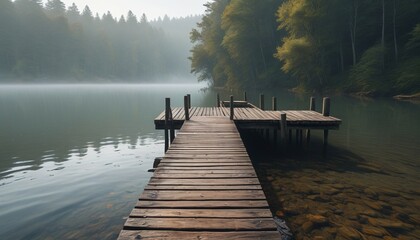 Obraz premium A weathered dock extending into a thick mist, where the faint sounds of water lapping against the wood create a soothing symphony of nature, Generative AI