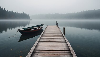 Fototapeta premium A lonely dock in the fog, with a single boat tied at the end, evoking feelings of solitude and introspection in a serene setting, Generative AI
