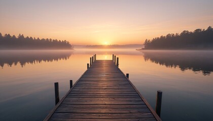 Fototapeta premium A picturesque dock at sunrise, surrounded by a blanket of fog that gently rolls over the water, creating a dreamlike and magical ambiance, Generative AI
