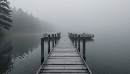 Obraz premium An isolated dock enveloped in gray mist, where the air is thick with anticipation, as if the fog holds secrets waiting to be discovered, Generative AI