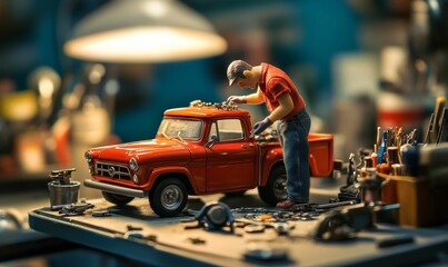 Fototapeta premium Toy mechanic fixing a red toy truck.
