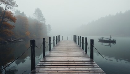 Naklejka premium A ghostly dock surrounded by fog, where time seems to stand still, inviting thoughts of past journeys and forgotten tales, Generative AI