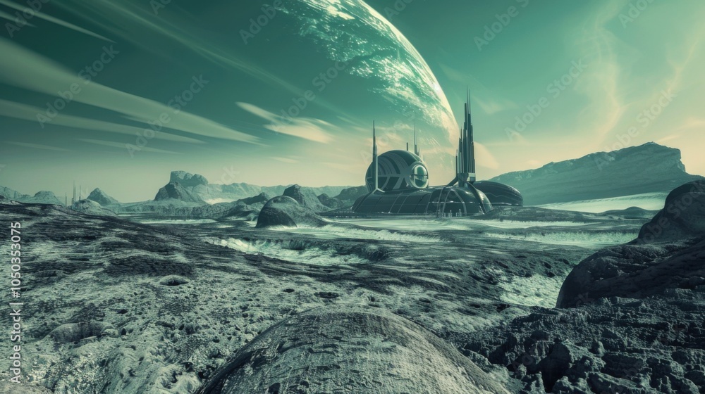 Poster A futuristic space colony on an alien planet with futuristic technology, Sci-fi setting with space exploration, Futuristic style
