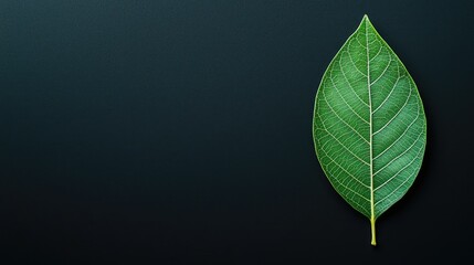 A vibrant green leaf rests on a dark background, showcasing its intricate veins and natural beauty.